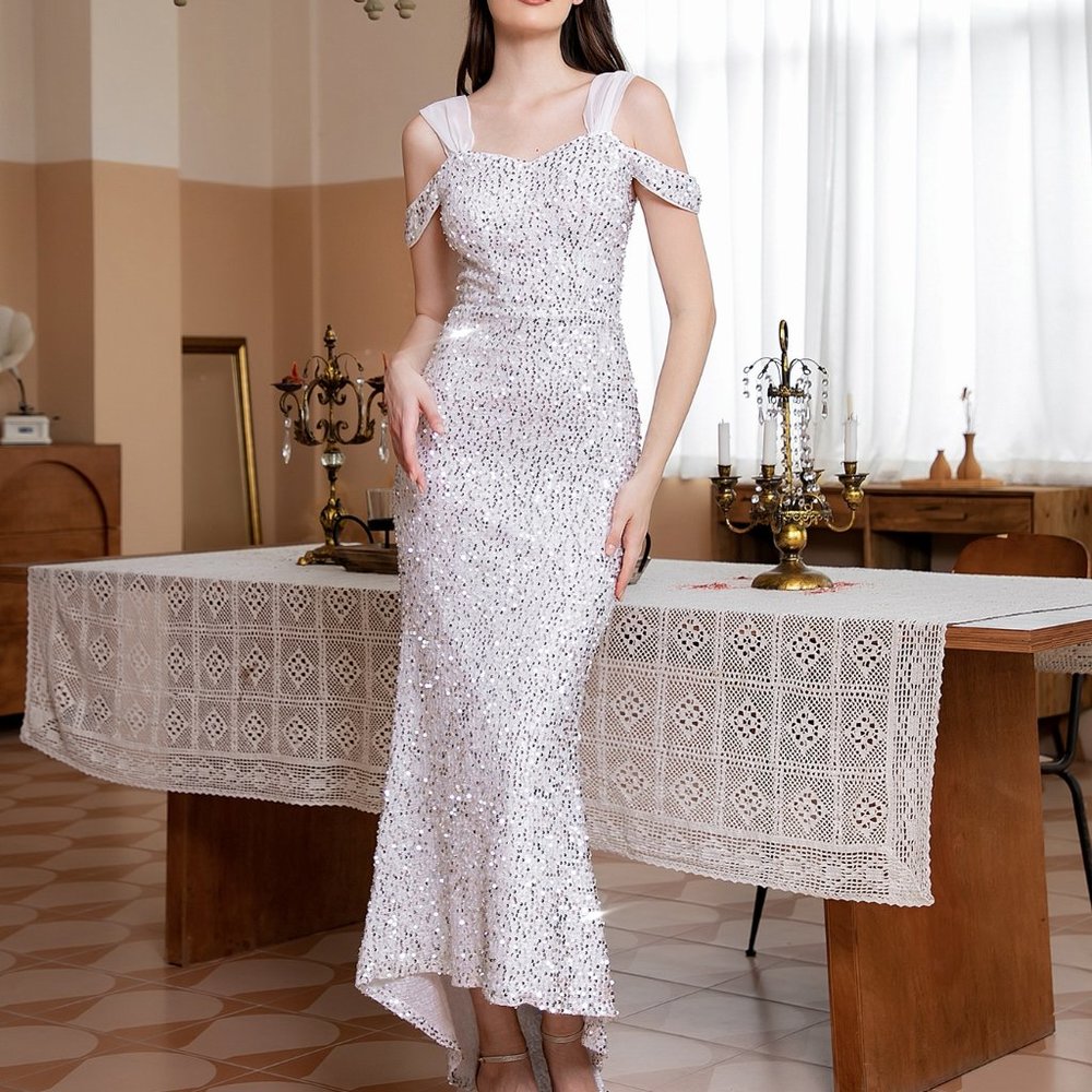 New Glamorous Cold Shoulder Mermaid Hem Sequin Wedding Dress Formal Night